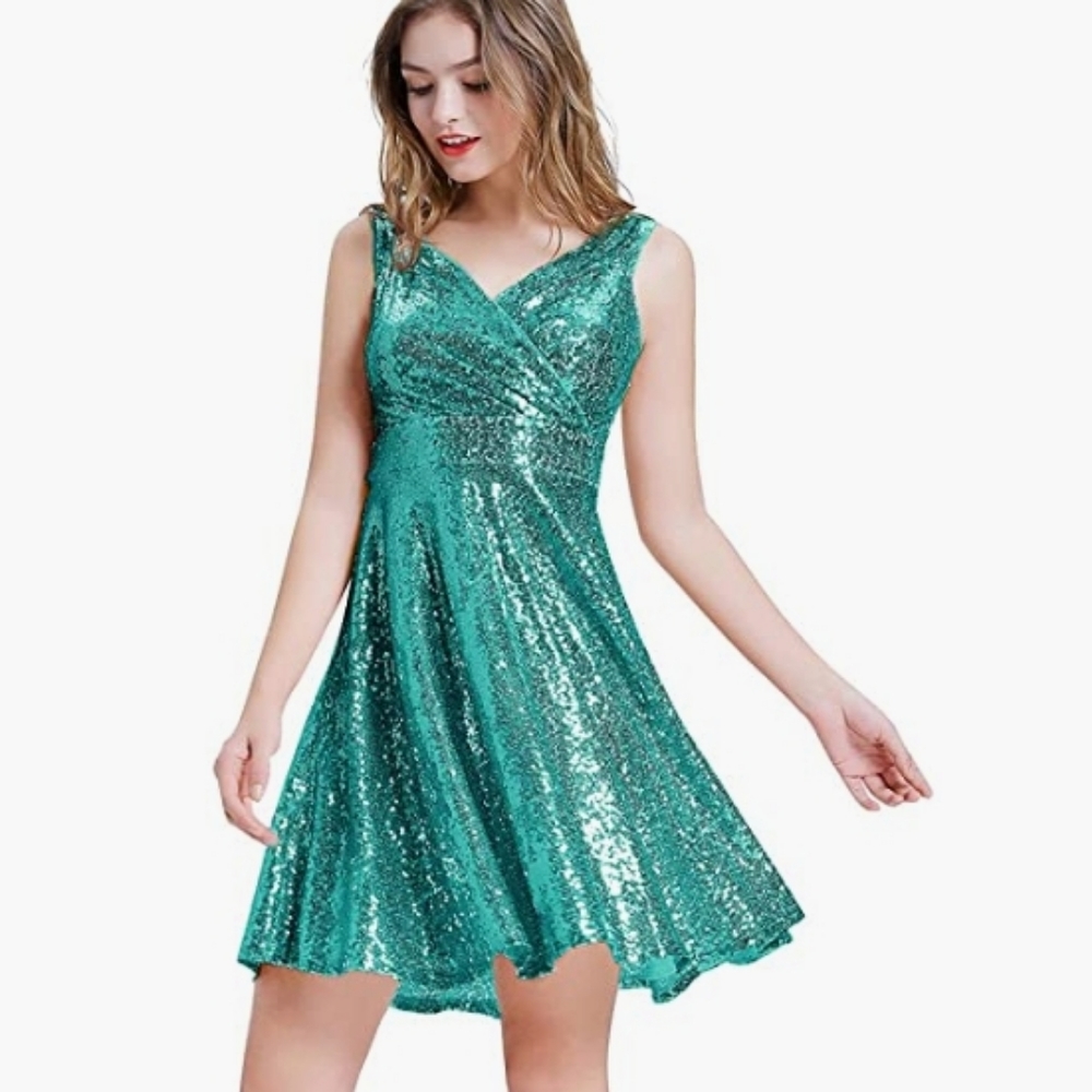 Women's 50s 60s Vintage Sequin V-Neck Green Dress - Picture 5 of 5